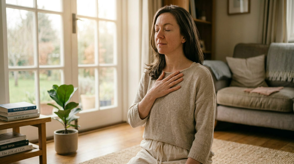 Build a Calmer, Healthier Day With One Balanced Morning Habit Woman feeling calm and grounded after building a consistent healthy morning routine