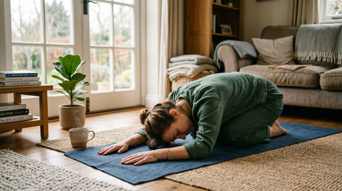 Woman practicing a peaceful self-care morning routine at home