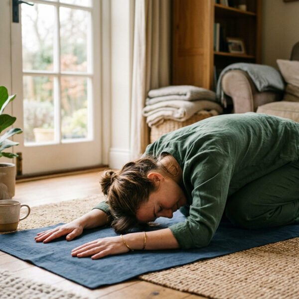 Woman practicing a peaceful self-care morning routine at home